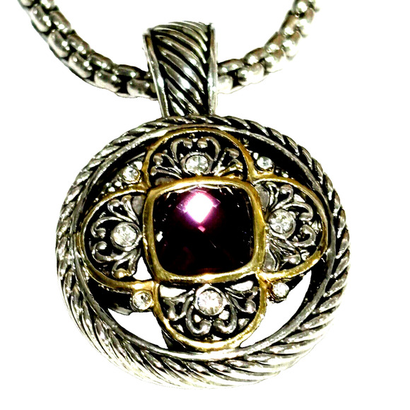 Fashion Jewelry Set Silver & Gold Necklace Pendant Pierced Earrings Purple Stone - Picture 2 of 9